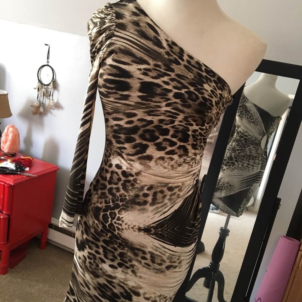 Animal print sexy dress one sleeve